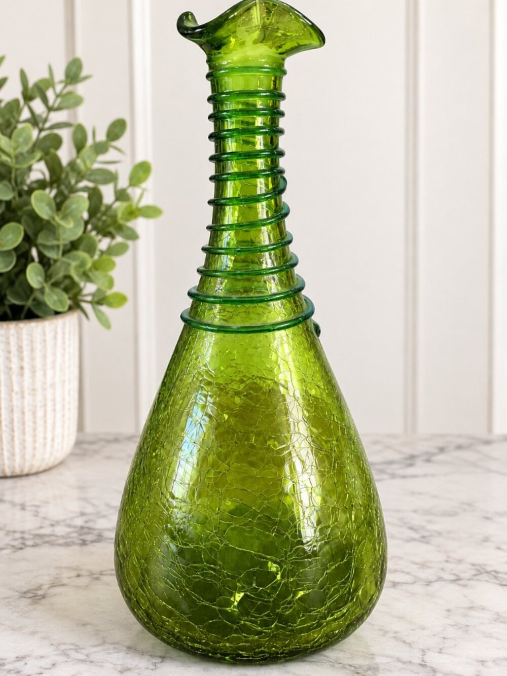 Vintage Style Green Crackle Glass Spiral Neck Art Glass Decanter Vase 12.5”